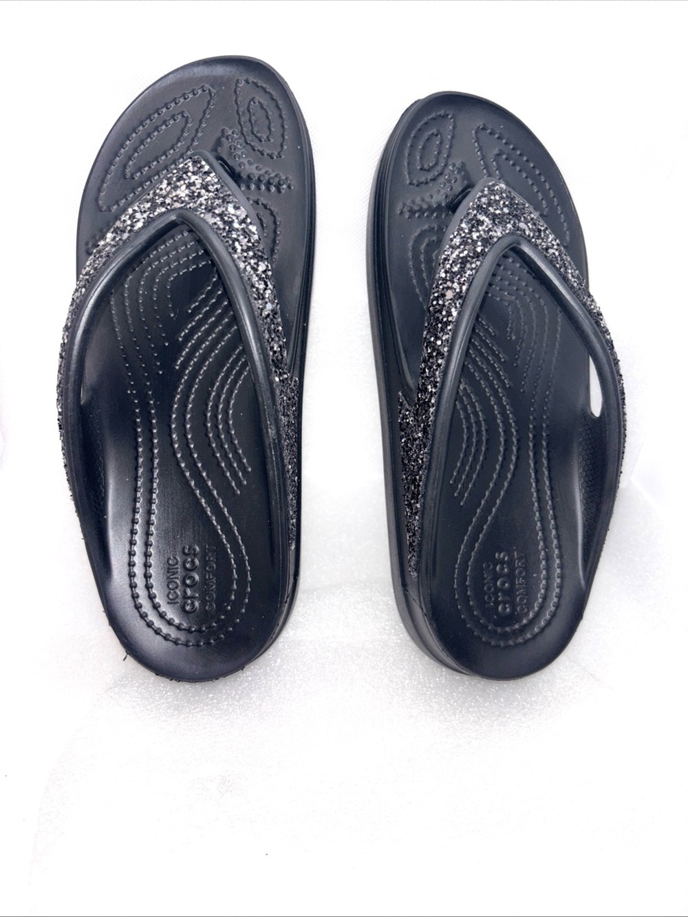 Crocs Sloane Black Embellished Wedge Flip Flops - Size:  W 4
